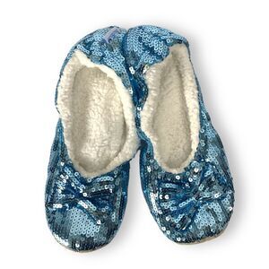Snoozies! Sequin Snooz Slippers Non‎ Ballet Bling Blue Kids Large SZ 4/5  A18G
